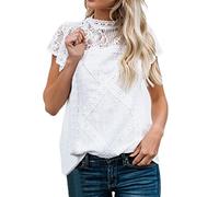 YEBIRAL Damen T-Shirt Sommer Freizeit Weiß Spitze Patchwork Kurzarm Rundkragen Baumwolle Einfarbig Bluse Tops Shirts(EU-42/CN-XL,Weiß)
