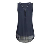 YEBIRAL Damen Tank Top Blumendruck Chiffon Longshirt Oberteil Sommer V-Ausschnitt Ärmellos Kreuz zurück Weste Tops Reißverschluss Bluse (EUR-40/CN-XL,Dunkelblau)