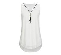 YEBIRAL Damen Tank Top Blumendruck Chiffon Longshirt Oberteil Sommer V-Ausschnitt Ärmellos Kreuz zurück Weste Tops Reißverschluss Bluse (EUR-40/CN-XL,Weiß-B)