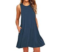 YEBIRAL Damen Vestkleid Casual Ärmellos Longshirt Tanktops mit Taschen Minikleid Frauen Kleider Strandkleid Lose Sommerkleid(Large,Marine)