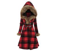 YEBIRAL Damen Wintermantel Kariert warm Jacke Outwear Winter Mantel Parka mit Pelzkapuze Winterjacke Übergröße Mitte-Lange(L,Rot)