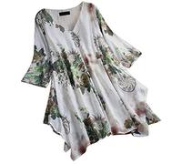 YEBIRAL Große Größe Damen Leinenblusen 3/4 Ärmel Lose Tunika Tops V-Ausschnitt mit Blumendruck Knopfleiste Lässige Hemdbluse Elegant Sommer Frühling Neu Bluse T Shirt Tops(XXL,Weiß)