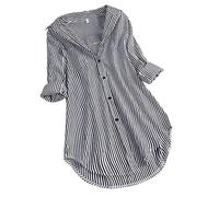 YEBIRAL Große Größe Damen Streifen Bluse Elegant Langarm Oberteil Lässige Lose V-Ausschnitt Button Down Baumwolle Hemdbluse Mode Lange Tunika Blusen T Shirt Tops(XXXXXL,Schwarz)