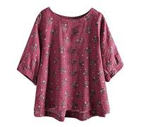 YEBIRAL Große Größe Damen T Shirt Vintage Baumwolle Leinen Bluse Halbe Hülse Tunika Tops Sommer Boho Blumendruck Shirt(XXXXXL,Rosa)