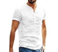 YEBIRAL Herren Leinenhemd Kurzarm Henley Shirt Sommer Casual Hemden Herren T-Shirt Einfarbig Freizeithemd Leichte Baumwolle Leinen Sommerhemd Regular Fit(L,Weiß)