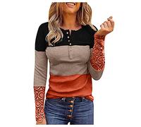 YEBIRAL Langarmshirt Damen Spitze Bluse Longshirt Elegante Casual Longsleeve Tshirt Farbblock Pullover Knopf V-Ausschnitt Henley Shirts Oberteile Tops