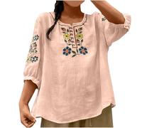 YEBIRAL Leinenbluse Damen Sommer Casual Rundhals Bluse Lässig 3/4 Ärmel Kurzarm Hemd Mode Blumenmuster Sommerbluse