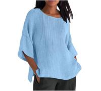 YEBIRAL Leinenbluse Damen Sommer Leicht Rundhals Oberteile Oversized 3/4 Ärmel Kurzarm Hemd Atmungsaktiv Boho Sommerbluse