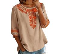 YEBIRAL Leinenbluse Damen Sommer Locker Rundhals Oberteile Oversized 3/4 Ärmel Kurzarm Hemd Vintage Musselin Leinenhemd