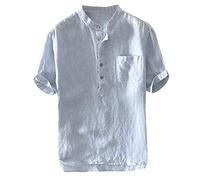 YEBIRAL Leinenhemd Herren Hemden Streifen Kurzarm Henley Shirt Oversize Sommer Casual T Shirt Button Down Sommerhemde Freizeithemd mit Taschen(XL,Blau)