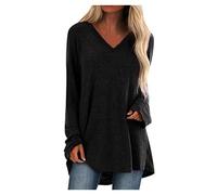 YEBIRAL Longshirt Damen Langarm V Ausschnitt Lose Tunika Elegant Casual Pullover Bluse T-Shirt Basic Einfarbig Sweatshirt Große Größe Frauen Oberteil Tops