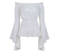 YEBIRAL Mittelalter Kleidung Damen Gothic Bluse Vintage Renaissance Trompetenärmel Elegant Carmenbluse Tops Spitzen Shirt Schulterfrei Oberteil