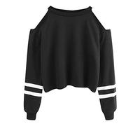 YEBIRAL Pullover Damen Bauchfrei, Teenager Mädchen Gestreifte Pulli Langarmshirt Schulterfrei Kurz Crop Tops Oberteile Shirt Sweatshirt(XXL,Schwarz)