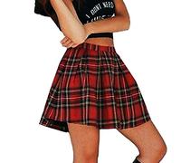 YEBIRAL Rock Damen Schulmädchen-Stil Minirock Casual kurz A-Line Rock Baumwolle Gestreifte & Kariert Skater Röcke(S,Rot)