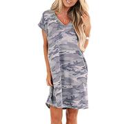 YEBIRAL Sommerkleid Damen Casual Lose Kurzarm T-Shirt Kleider Elegant V-Ausschnitt Minikleid Boho Strand Kleider mit Taschen