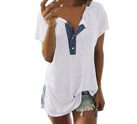 YEBIRAL T-Shirt Damen Sommer Frauen lose beiläufige Große Größe Kurzarm Mit Knopf Basic Bluse Tee Tops Baumwollshirt(EU-46/CN-3XL,Weiß)