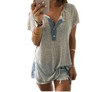 YEBIRAL T-Shirt Damen Sommer Frauen lose beiläufige Große Größe Kurzarm Mit Knopf Basic Bluse Tee Tops Baumwollshirt(EU-44/CN-2XL,Grau)