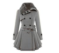 YEBIRAL winterjacke damen angebote Elegante Winterjacke Damen Zweireiher Mantel Lang Wintermantel Warme Parka Mode Fleecejacke mit plissiertem Saum Wollmantel Unifarbener Mantel mit Pelzkragen