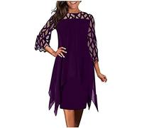 Yeehliny Damen Chiffon Kleid 3/4 Ärmel Rundhals Patchwork Loose Elegant Große Größe Cocktailkleid Knielang Kleider Abendkleid Partykleid Sommerkleid Chiffonkleid Festliche Kleid