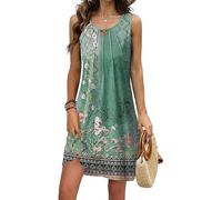 Yeenily Damen Kleid Sommer Elegante V Ausschnitt Leicht Und Luftig Ärmellos Tank Top Bedruckter Boho Knielang Freizeitkleider (Grün, X-Large)