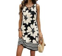 Yeenily Damen Kleid Sommer Elegante V Ausschnitt Leicht Und Luftig Ärmellos Tank Top Bedruckter Boho Knielang Freizeitkleider (Schwarz Weiß,XXL)
