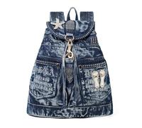 YeFine Modischer Denim-Rucksack, Geldbörse für Damen, Jean-Taschen mit Strasssteinen, Dekoration, lässiger Tagesrucksack, Mit Strandsandalen, Blau, Medium