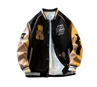 YeGang Herren Varsity Jacken - College Bomberjacke Vintage Sweatshirt Casual Unisex Streetwear Y2k Oversized Mäntel mit Patch PU Leder Ärmel, Schwarz , XXXL