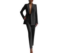 Yegirlzs Hosenanzüge Damen Blazer 2-teilig Anzug Elegant Business Anzug Set Einfarbig Anzugjacke Hosenanzug Revers Mantel Büro Zweiteiler Hosenanzug Slimfit Festlich Streetwear A2 Schwarz L