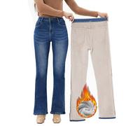 Yehopere Damen Fleece-gefütterte gerade ausgestellte Bein Winter Thermo-Flanell gefütterte Jeans Denim Hose, S