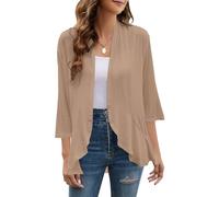 Yekaty Damen-Strickjacke, 3/4-Ärmel, vorne offen, leicht, drapiert, Rüschen, Strick-Cardigan, CAMEL, X-Large