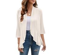 Yekaty Damen-Strickjacke, 3/4-Ärmel, vorne offen, leicht, drapiert, Rüschen, Strick-Cardigan, Cream, X-Large