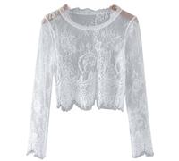 YEKEYI Damen-Bluse aus Netzstoff, langärmelig, durchsichtig, Blumenmuster, Spitzenbluse, A White, L