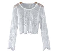 YEKEYI Damen-Bluse aus Netzstoff, langärmelig, durchsichtig, Blumenmuster, Spitzenbluse, C Weiß, L
