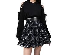 YEMOCILE Damen süßer karierter Mini-Faltenrock mit hoher Taille im Gothic-Stil, A-Linie, zum Schnüren, Schwarz