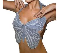 Yendoll Damen Butterfly Rave Denim Rückenfrei Crop Top Jeans Tie Tank Top Low-Cut Weste, blau, Small-Large