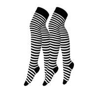 Yenita 2 Paar Damen & Mädchen Overknee Strümpfe Uni oder Ringel, lange Kniestrümpfe, Baumwolle (One Size, Schwarz/Weiss)