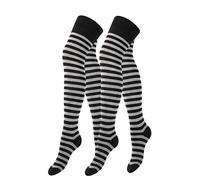 Yenita 2 Paar Damen & Mädchen Overknee Strümpfe Uni oder Ringel, lange Kniestrümpfe, Baumwolle (One Size, Schwarz/Grau)