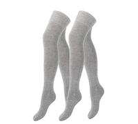 Yenita 2 Paar Damen & Mädchen Overknee Strümpfe Uni oder Ringel, lange Kniestrümpfe, Baumwolle (One Size, Grau Uni)