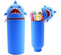 Yeria 2-in-1 Kawaii-Stiftemäppchen aus Silikon - erweiterbare Hülle mit niedlichen Tieren, für Stifte, Schreibwaren, Büro oder Schule - mit 4 löschbaren Gelstiften gratis, Schwarz , Hai