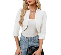 YesFashion Damen Bolero 3/4 Ärmel Elegant Strickjacke Einfarbig Business Blazer Anzug für Büro Arbeit Sportlich Cardigan Weiß S