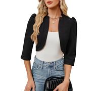 YesFashion Damen Bolero 3/4 Ärmel Elegant Strickjacke Einfarbig Business Blazer Anzug für Büro Arbeit Sportlich Cardigan Schwarz S