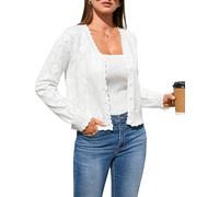 Yesfashion Damen Strickjacke V-Ausschnitt, Leichter Bolero aus weichem Lochstrick mit Muschelkante, Eleganter kurzer Cardigan mit Knöpfen für Frühling und Herbst