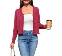 Yesfashion Damen Strickjacke V-Ausschnitt, Leichter Bolero aus weichem Lochstrick mit Muschelkante, Eleganter kurzer Cardigan mit Knöpfen für Frühling und Herbst