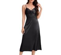YesFashion Seidennachthemd Damen Sommer V-Ausschnitt Spaghettiträger Nachtkleid mit Spitze Ärmellos Sexy Negligee Lang Nachtwäsche (Schwarz, S)