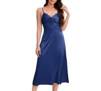 YesFashion Seidennachthemd Damen Sommer V-Ausschnitt Spaghettiträger Nachtkleid mit Spitze Ärmellos Sexy Negligee Lang Nachtwäsche (Marineblau, M)