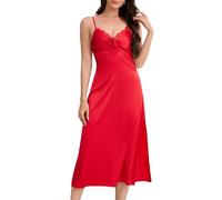 YesFashion Seidennachthemd Damen Sommer V-Ausschnitt Spaghettiträger Nachtkleid mit Spitze Ärmellos Sexy Negligee Lang Nachtwäsche (Rot, L)