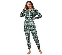 YesFashion Weihnachts Jumpsuit Damen Schlafanzug Einteiler Mit Kapuzen Onesie Weihnachten Mit Reißverschluss Winter Weihnachts Overall Mit Renntier (Grün, M)
