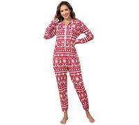 YesFashion Weihnachts Jumpsuit Damen Schlafanzug Einteiler Mit Kapuzen Onesie Weihnachten Mit Reißverschluss Winter Weihnachts Overall Mit Renntier (Rot, L)
