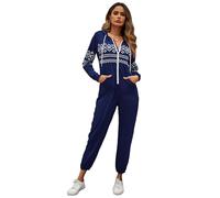 YesFashion Weihnachts Jumpsuit Damen Schlafanzug Einteiler Mit Kapuzen Onesie Weihnachten Mit Reißverschluss Winter Weihnachts Overall Mit Renntier (Navy Blau, S)