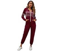 YesFashion Weihnachts Jumpsuit Damen Schlafanzug Einteiler Mit Kapuzen Onesie Weihnachten Mit Reißverschluss Winter Weihnachts Overall Mit Renntier (Weinrot, L)
